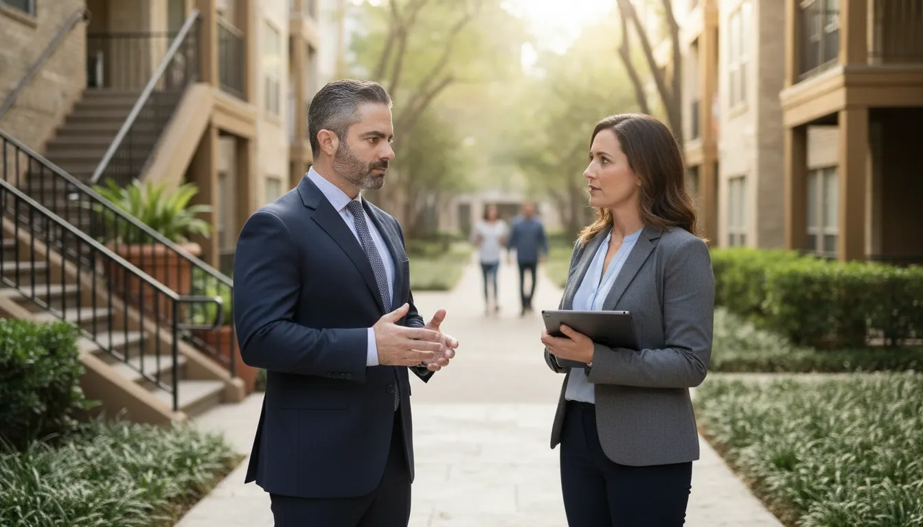 Austin apartment resident speaking with a property manager