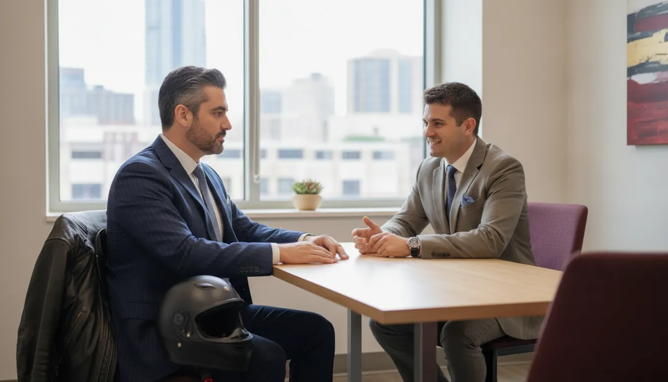 Austin motorcyclist discussing a crash claim with a legal professional