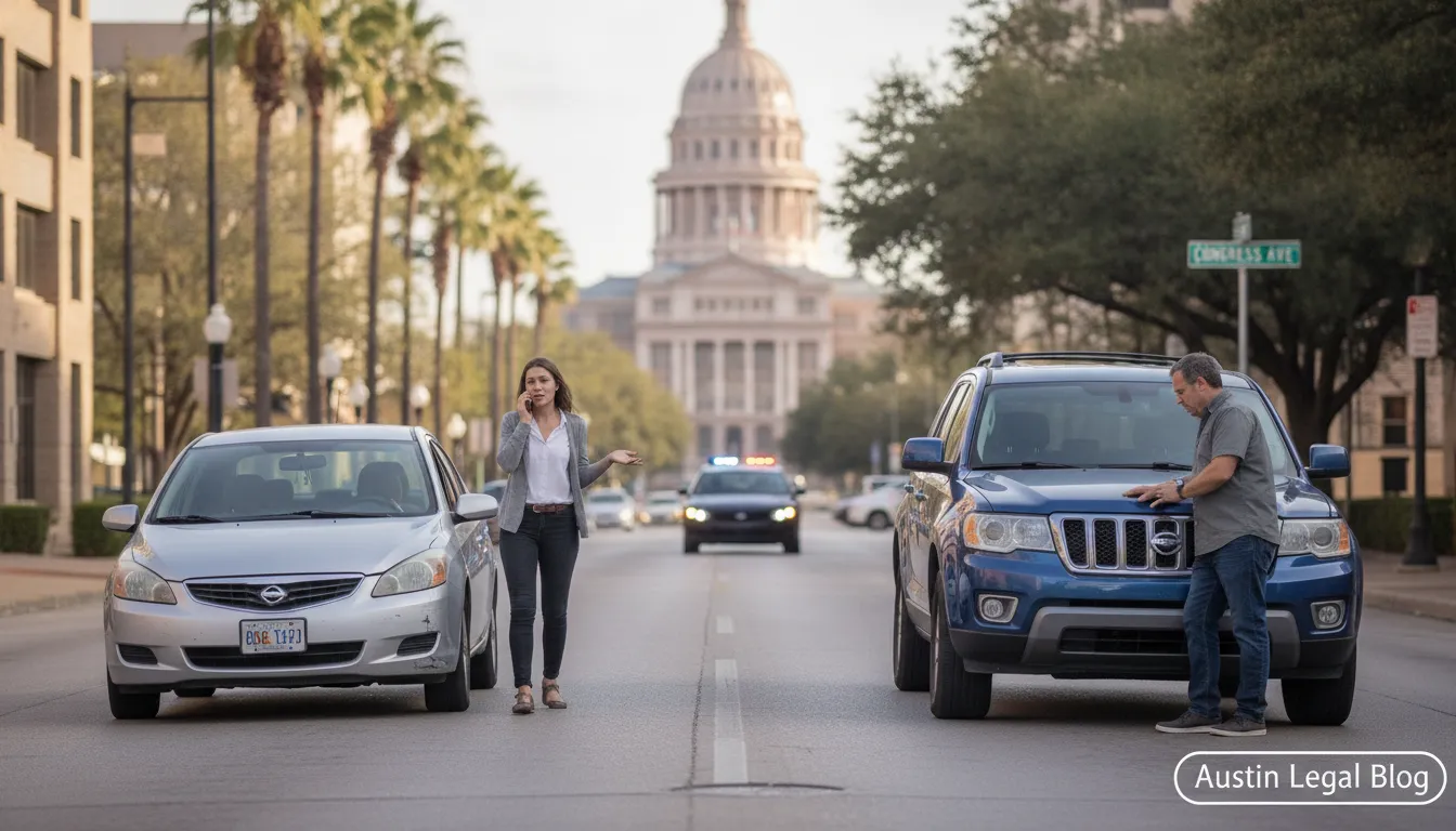 Two cars involved in a minor fender bender accident on an Austin city street