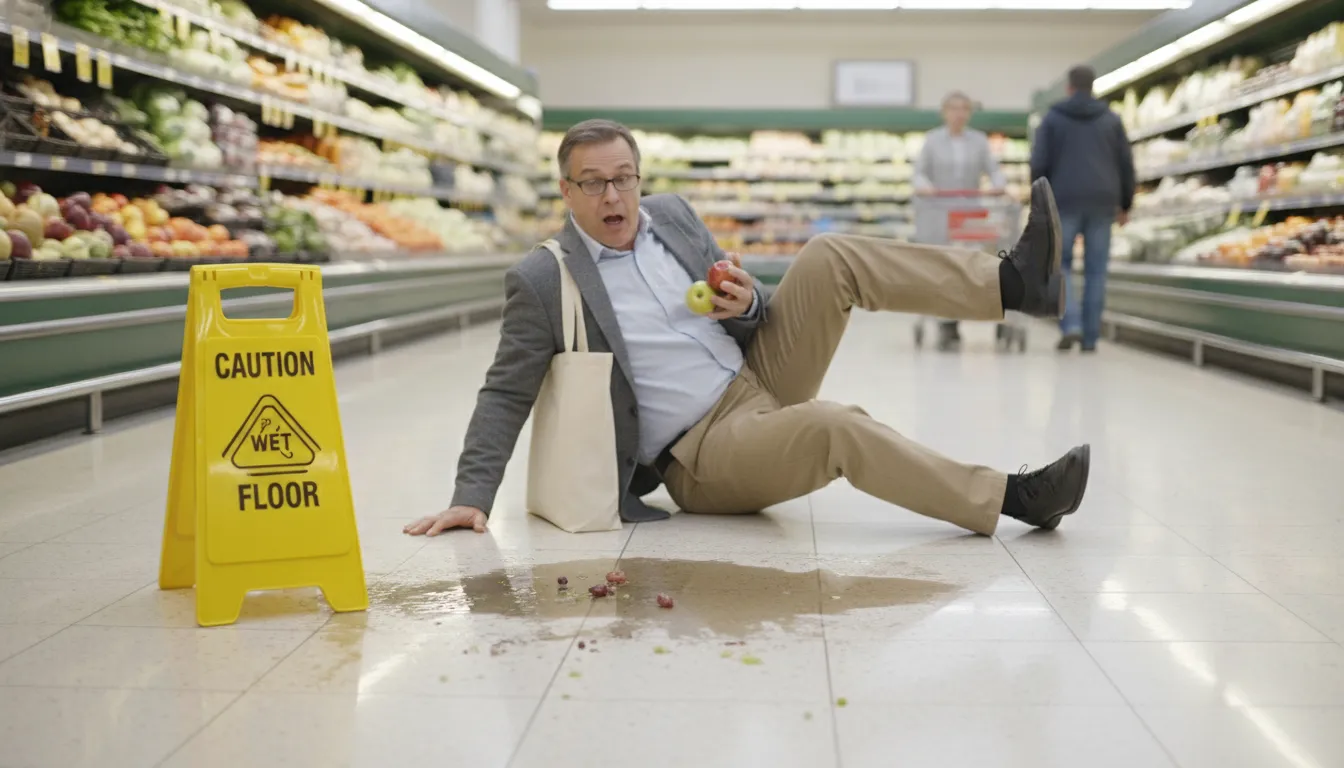 Person slipping on a wet floor in a grocery store with a caution sign