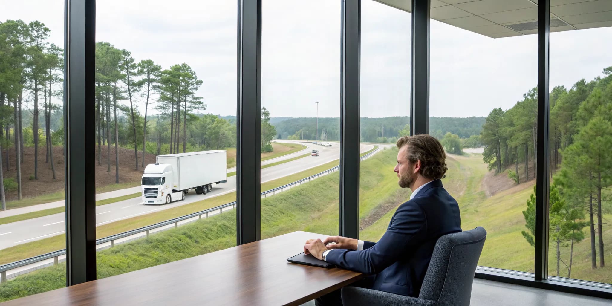 An 18-wheeler accident lawyer in Longview watches a truck on the highway from his office.